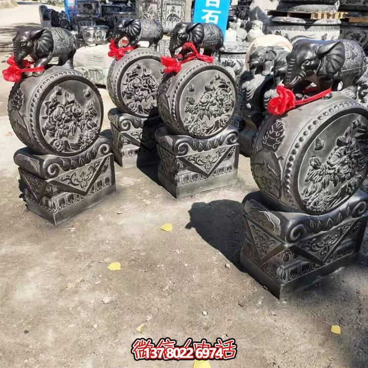 青石做旧浮雕小象抱鼓石门墩博鱼平台