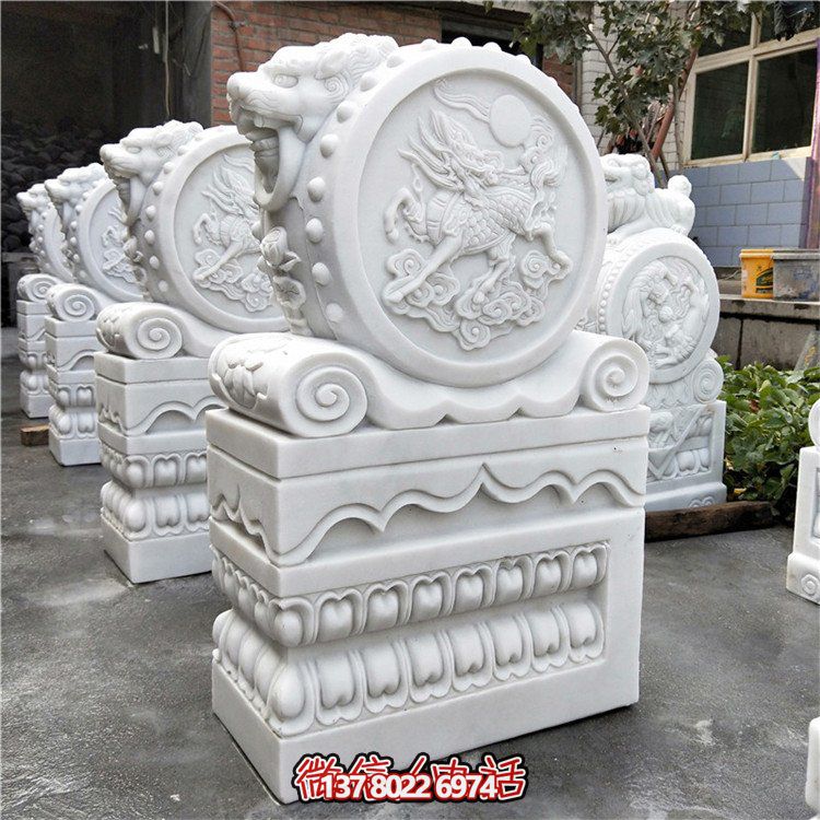 汉白玉浮雕麒麟镇宅招财摆件别墅门口园林景观博鱼平台