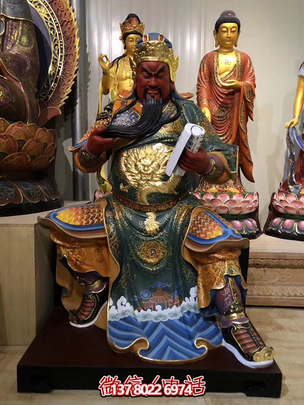 玻璃钢彩绘大型寺庙景观关公博鱼平台