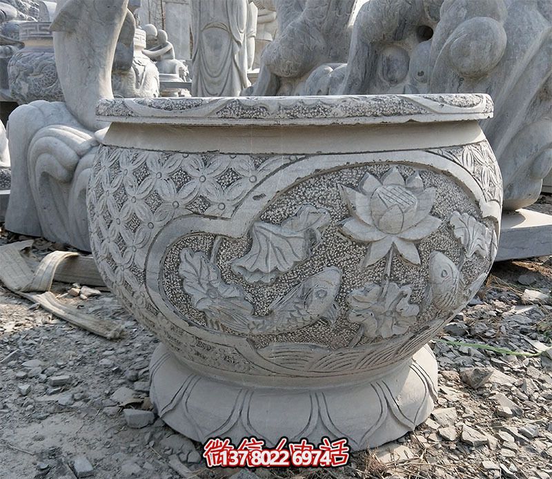 庭院仿古水缸景观石雕荷花缸博鱼平台
